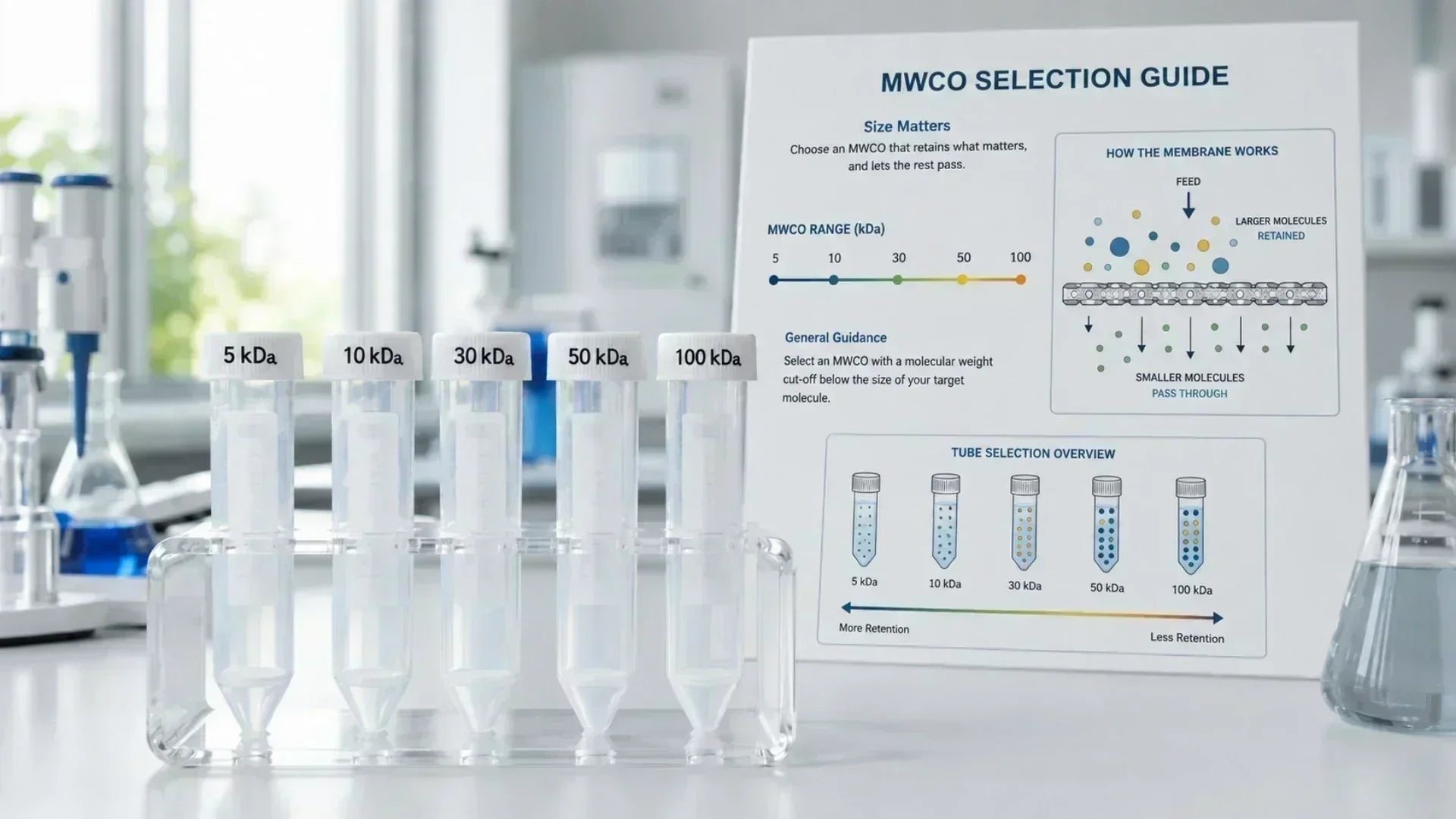 15 mL centrifugal filter tubes labeled 5 kDa, 10 kDa, 30 kDa, 50 kDa, and 100 kDa with an MWCO selection guide in a laboratory setting