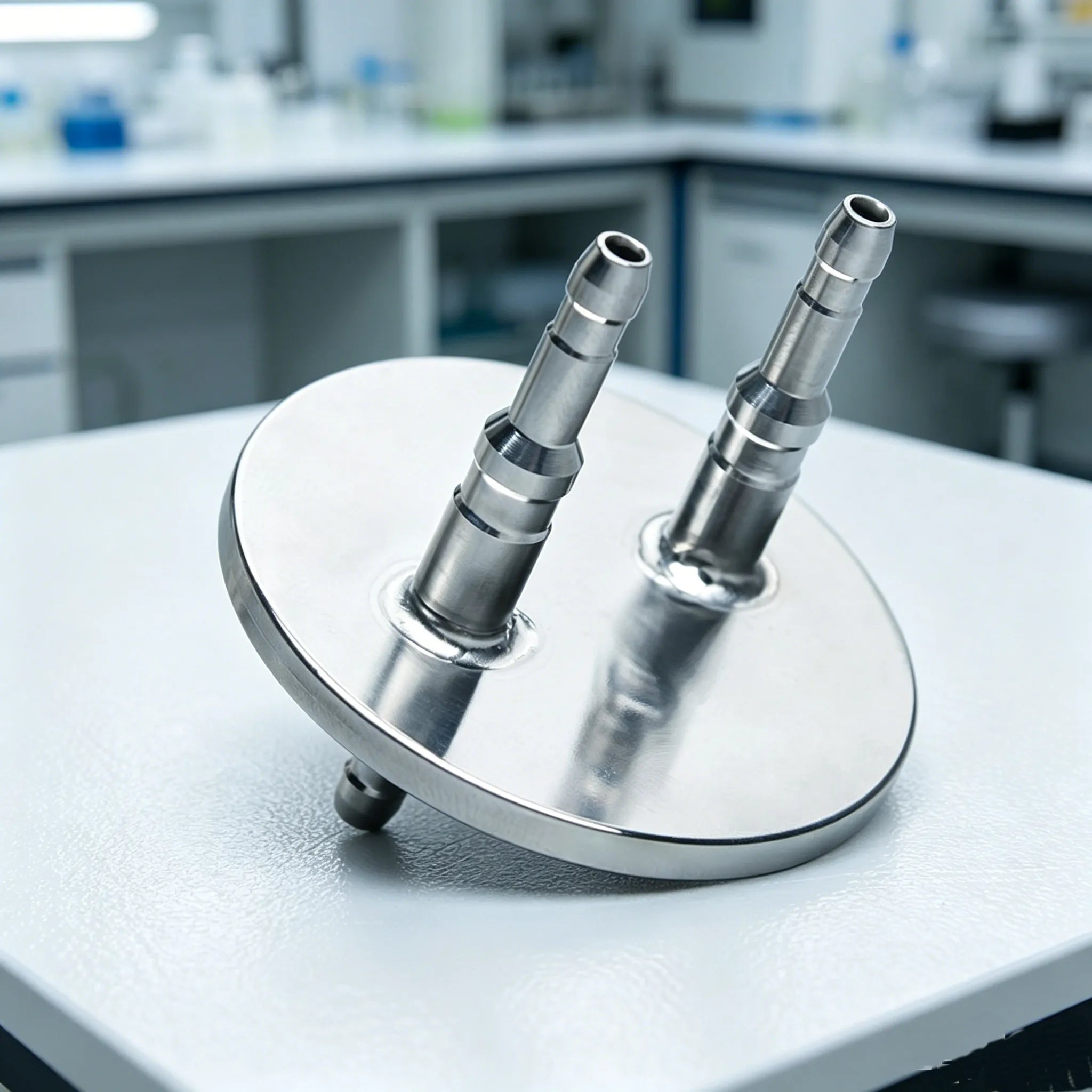 316L stainless steel 2-port connector insert for a GL45 laboratory bottle cap