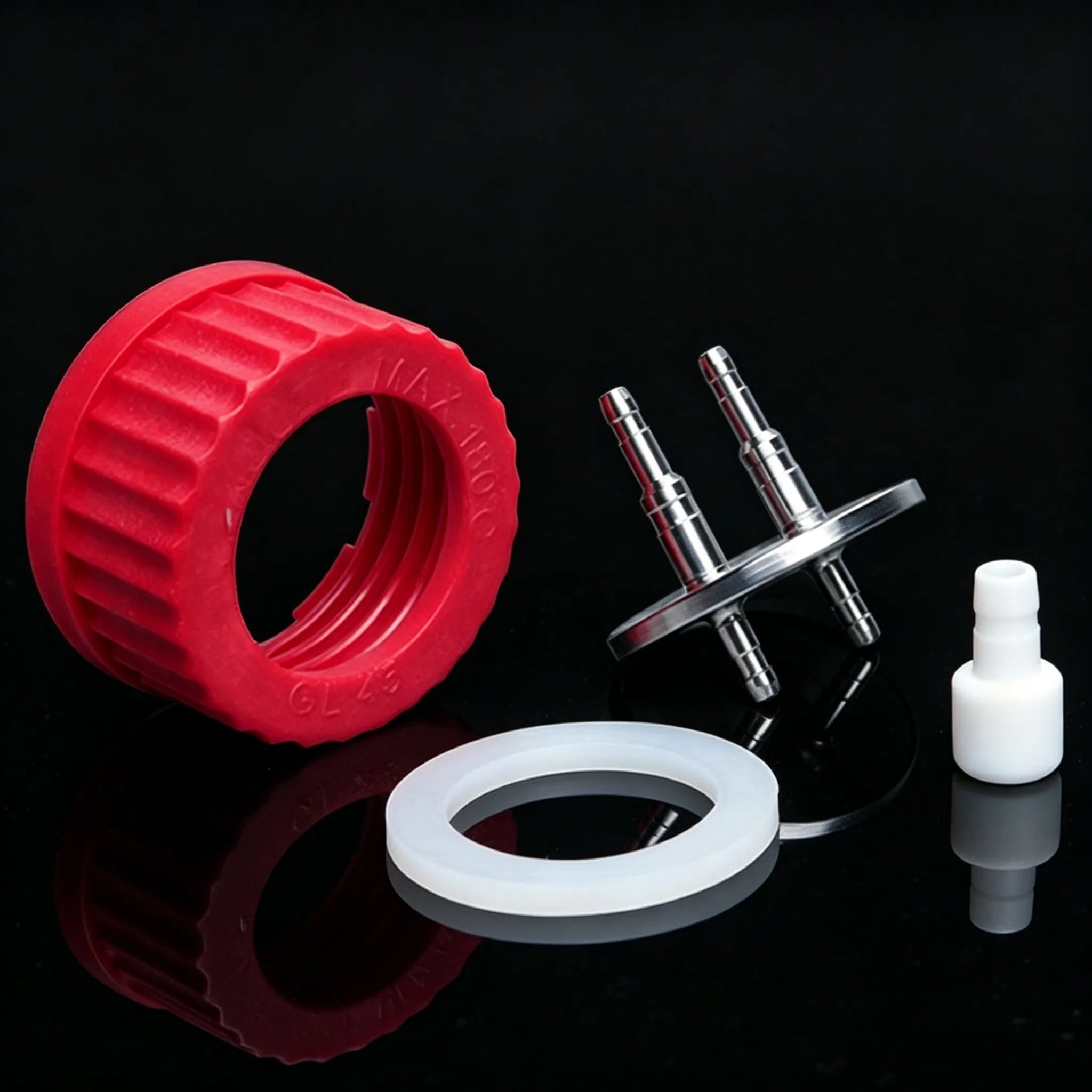 GL45 2-port connector cap components with PBT cap, silicone gasket and PTFE hose weight