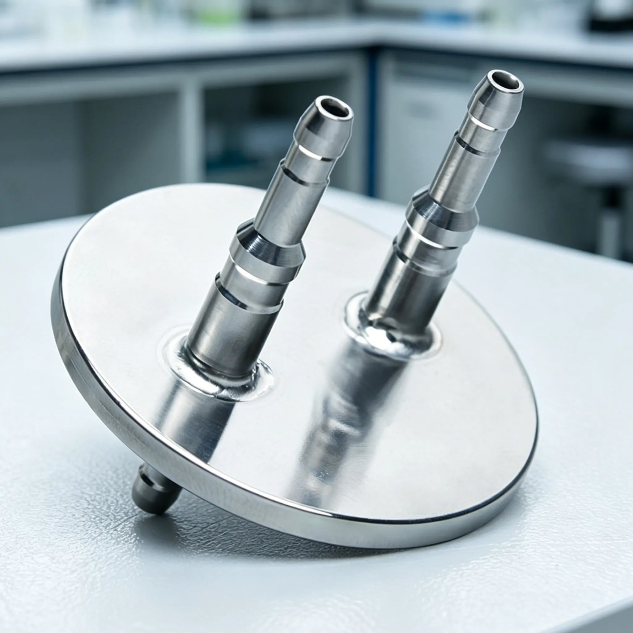 Close-up of the 316L stainless steel ports on a GL45 2-port connector cap