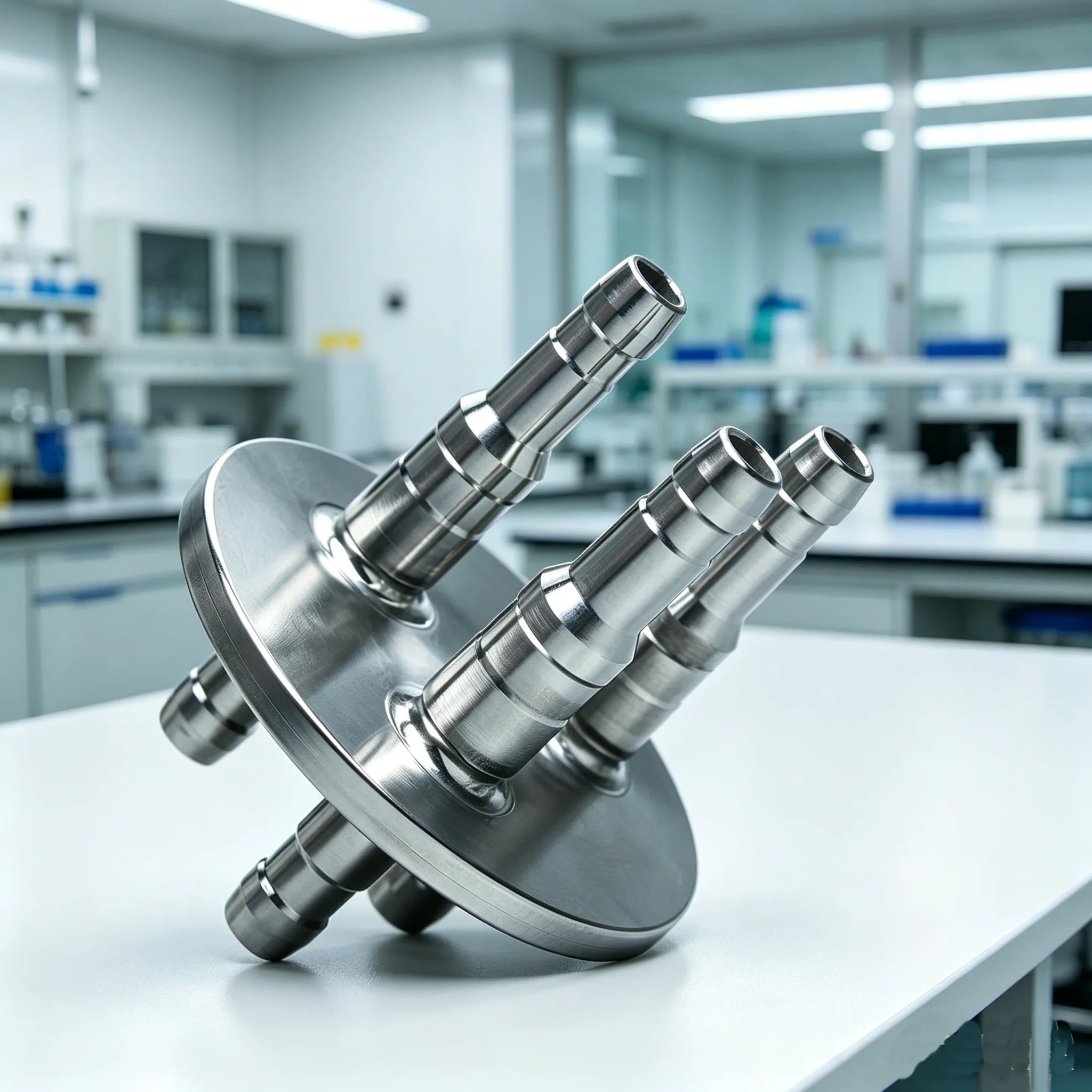 316L stainless steel 3-port connector insert for a GL45 laboratory bottle cap
