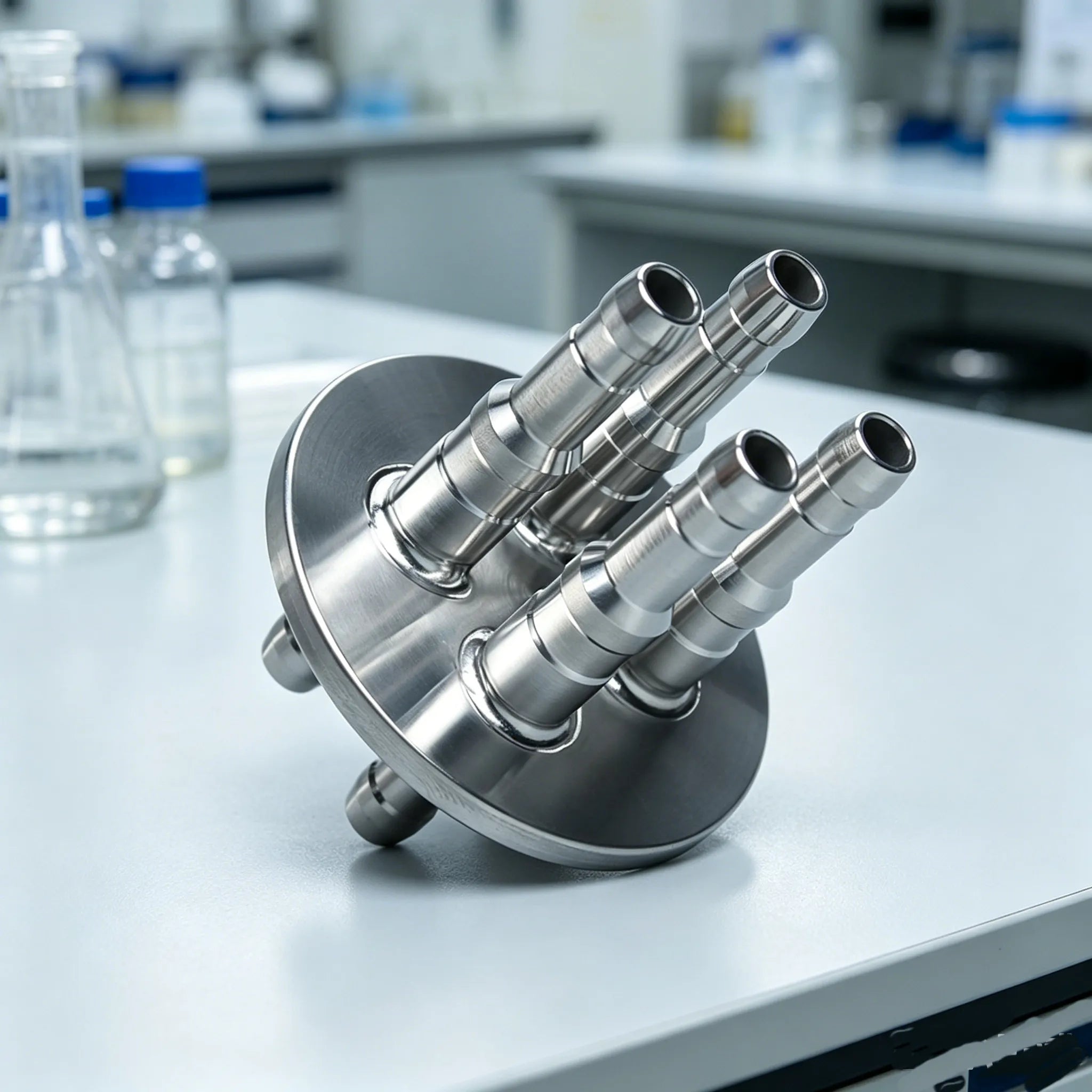 316L stainless steel 4-port connector insert for a GL45 laboratory bottle cap