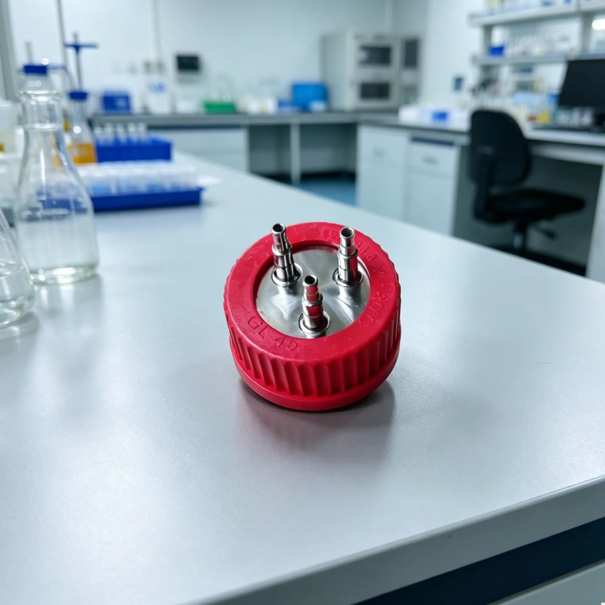 GL45 stainless steel 2-port connector cap assembled with red PBT screw cap