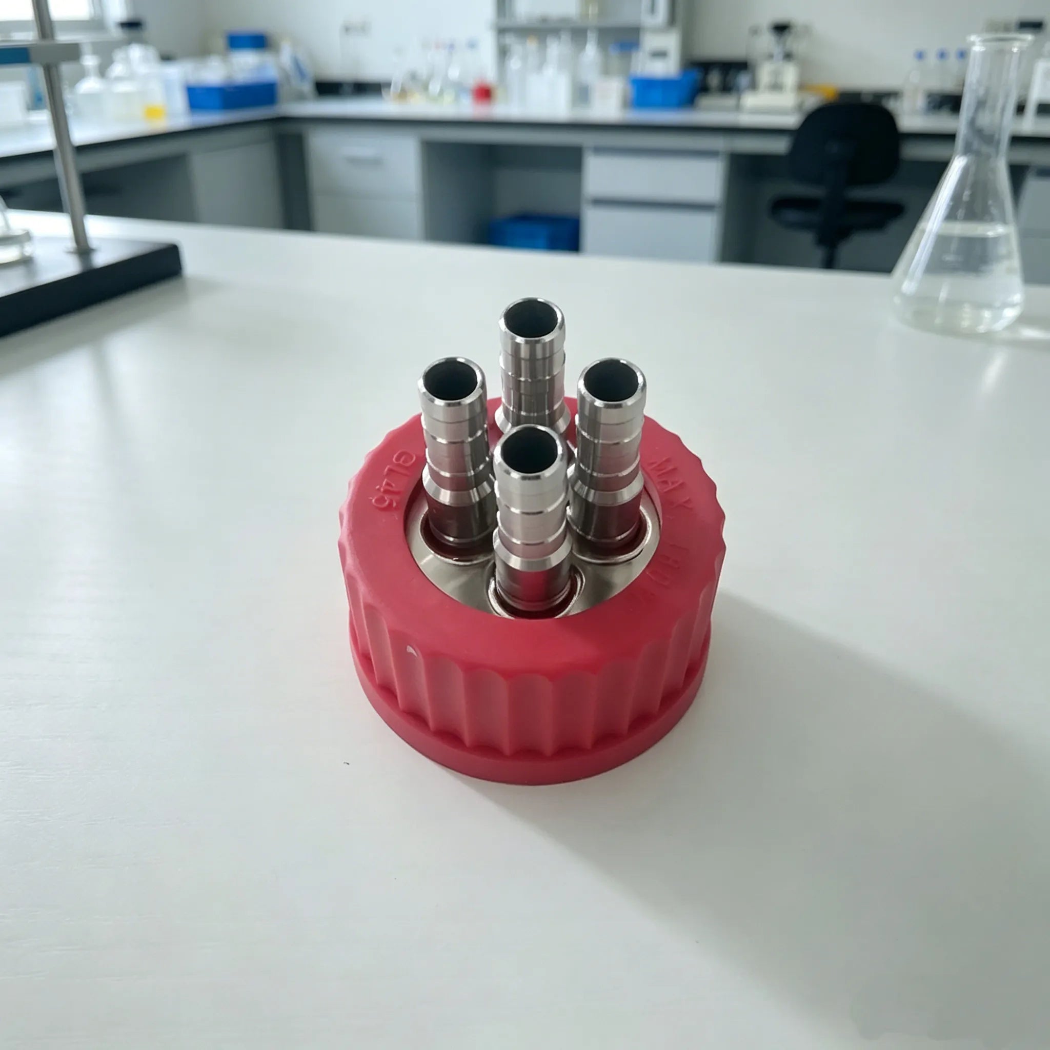 GL45 stainless steel 4-port connector cap assembled with red PBT screw cap