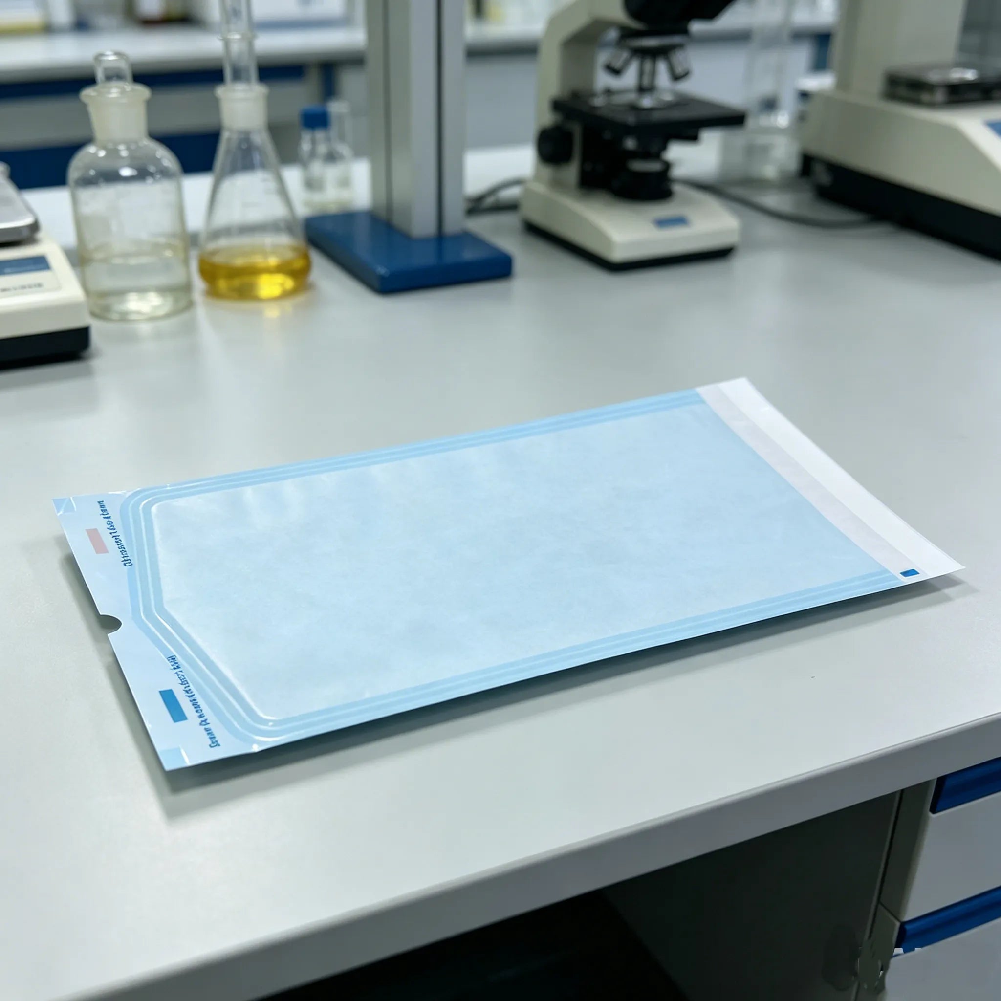 Angled view of a self-sealing sterilization pouch on a laboratory bench