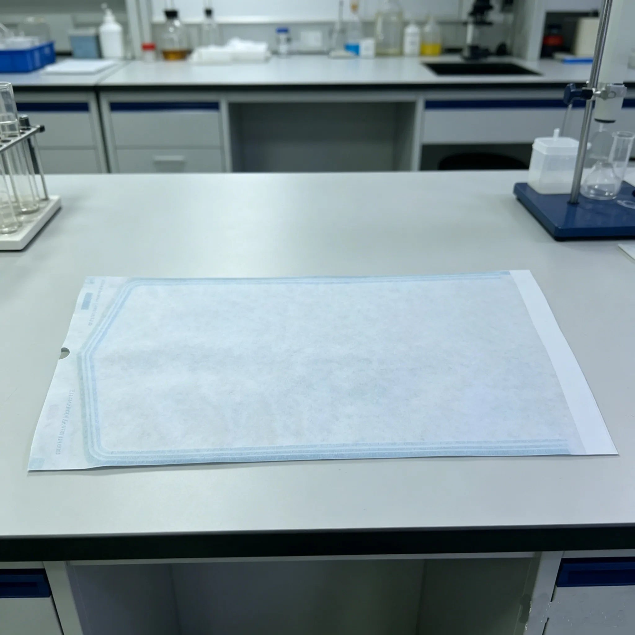 Self-sealing sterilization pouch laid flat on a laboratory bench